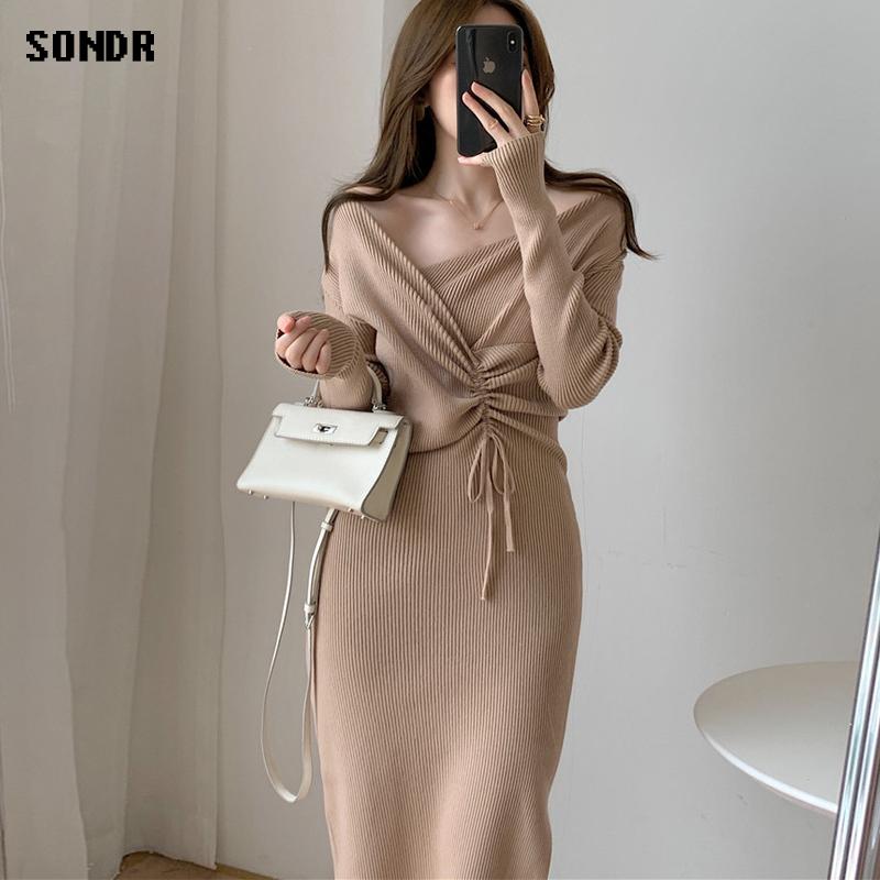 

Casual Dresses One-Piece Korean Cute Knitted Dress 2021 Autumn Winter Women' Clothing Long Sleeve V-Neck Drawstring Mid-Length Knit, Black
