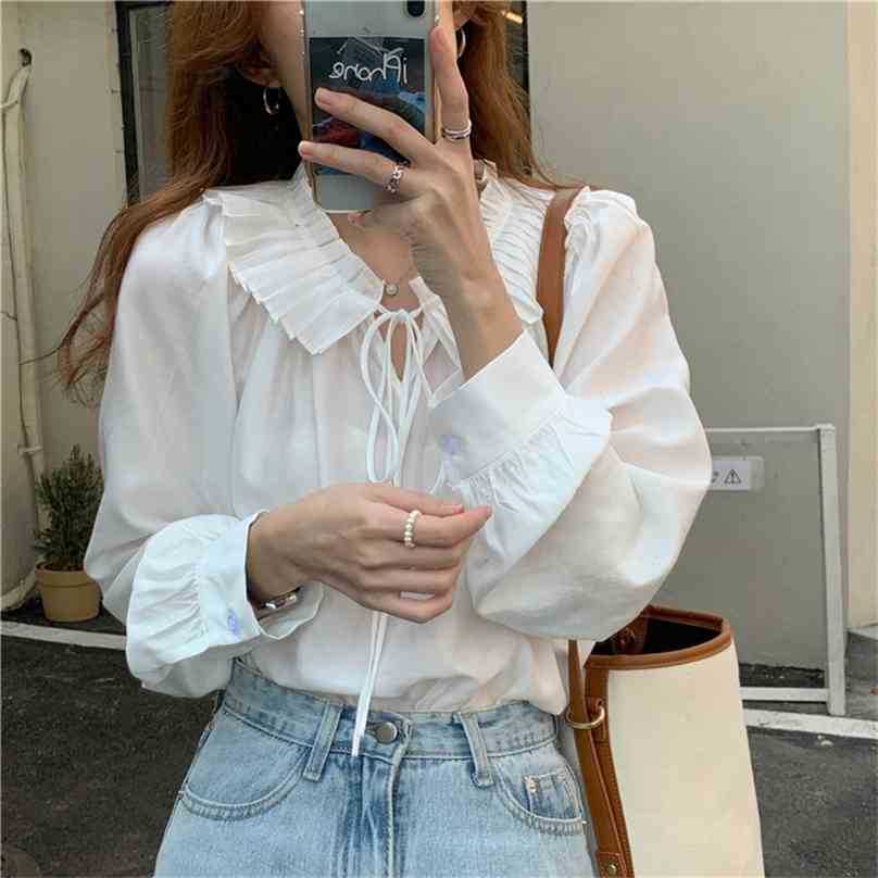 

White V-Neck French Retro Women Solid Chic Shirt Vintage Loose High Quality All Match Casual Top Blouses 210525