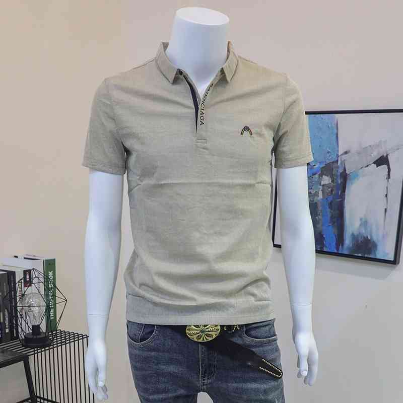 

High end polo shirt short T-shirt Tencel men's Lapel fashion brand slim embroidered cotton hemp half sleeve summer, Apricot