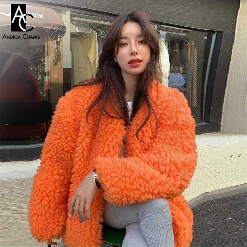 

autumn winter woman coat jacket orange beige green synthetic fur coat open stitch fashion casual loose fluffy coat 211018