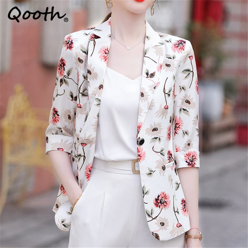 

Qooth Printed Floral Blazer Womens Large Size Spring Summer One Button Blazer Fashion Slim Three-Quarter Sleeve 3XL Tops QT570 210518, Apricot