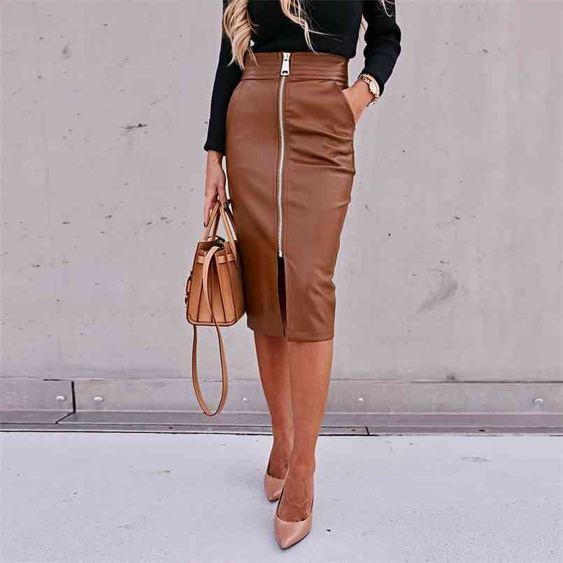 

Brown Black PU Leather Skirt Women Midi High Waist Bodycon Split Office Pencil Front Zipper Faux 210708, Khaki