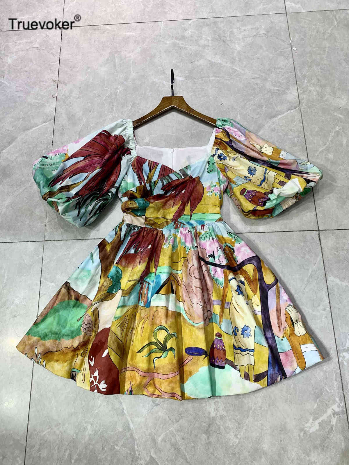 

Truevoker European High Street Cottagecor Cotton Dress Lady Puff Sleeve Multi Print Resort Mini Cute Wedding Party Robe 210602