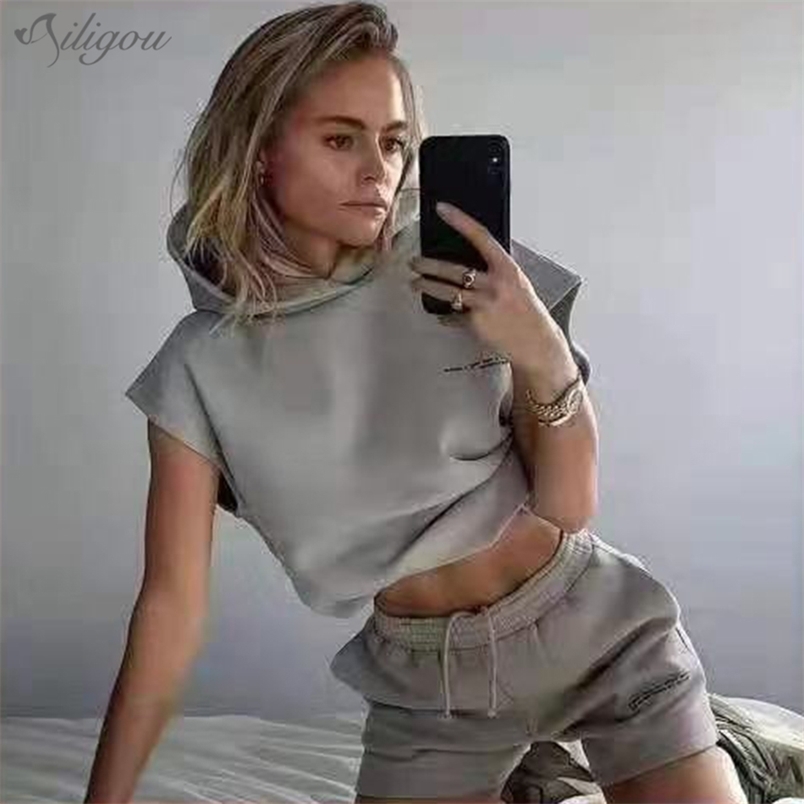 

Summer Ladies Sportswear Hooded Sleeveless Sweatshirt and Sweatpants Casual Wear Fashion Apparel 2-piece Jumpsuit 210525, Apricot