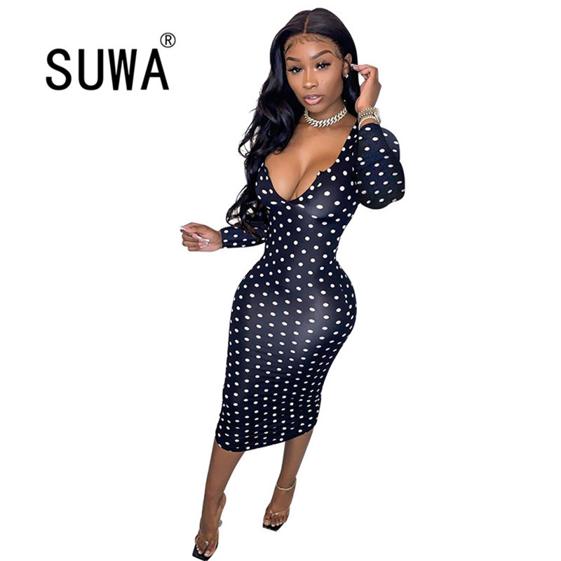 

Fashion Spring Clothes Classic Woman Polka Dot Dress Deep V Neck Long Sleeve Maxi Sexy Party Night Club Retro 210525, Black
