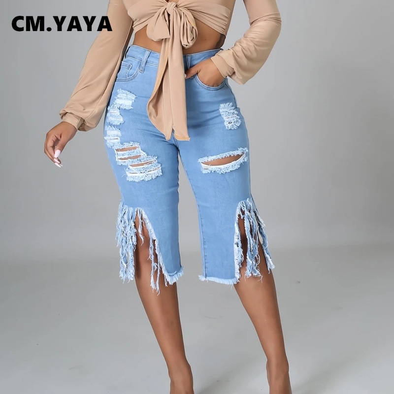 

CM.YAYA Women Jeans Hole Ripped Tassle Low Waist Elastic Flare Knee Length Denim Pants Sexy Fashion High Street Trousers 210616, Light blue