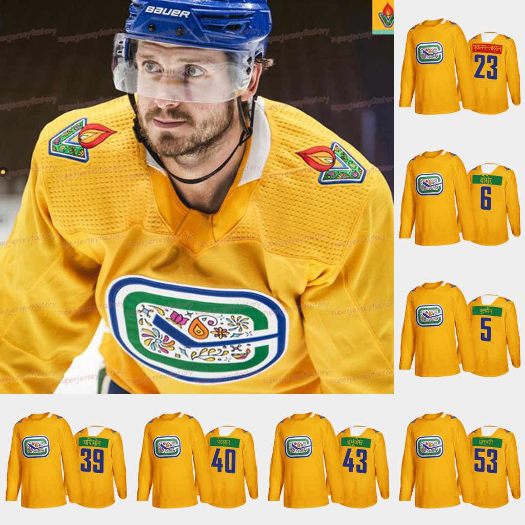 

Quinn Hughes Vancouver Canucks 2021 Diwali Night Yellow Jersey Elias Pettersson Oliver Ekman-Larsson Luke Schenn Bo Horvat Tucker Poolman Brock Boeser Tyler Myers, 70 tanner pearson