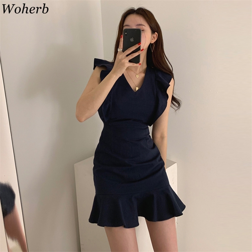 

Elegant Mini Dress Women V Neck Sleeveless Robe Ruffle Flying Sleeve Bodycon Slim Vestidos Korean Ruffles Mermaid Dresses 210519, Khaki