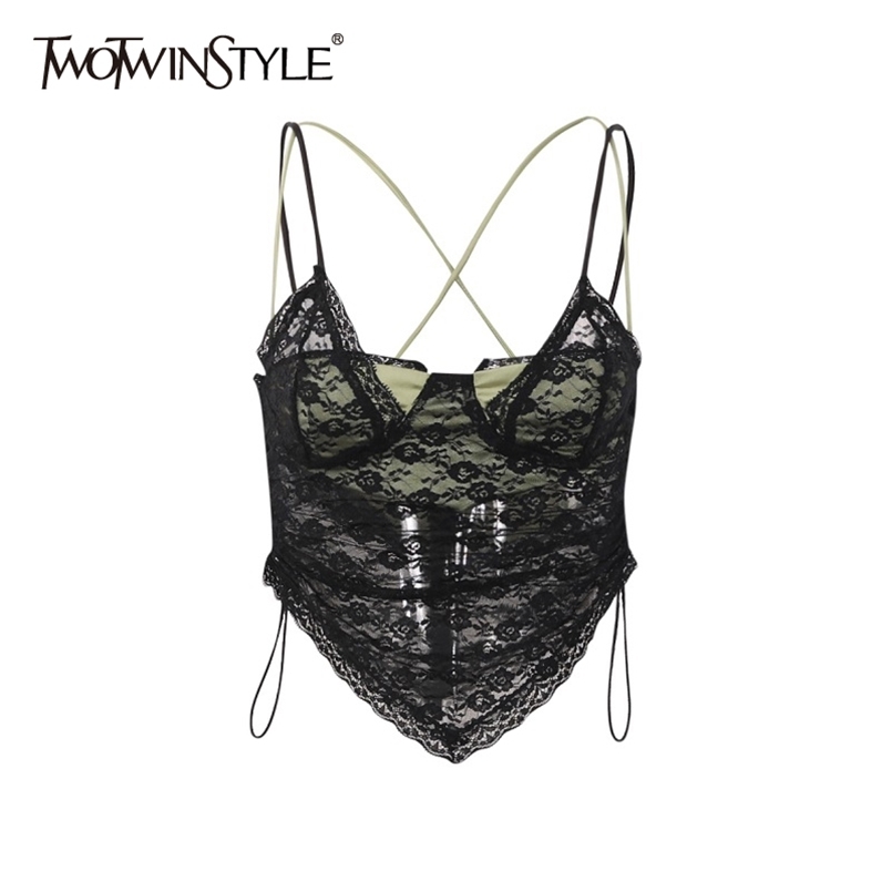 

Patchwork Lace Short Vest For Women Square Collar Sleeveless Fake Two Sexy Vests Female Fashion Clothing Style 210524, Black