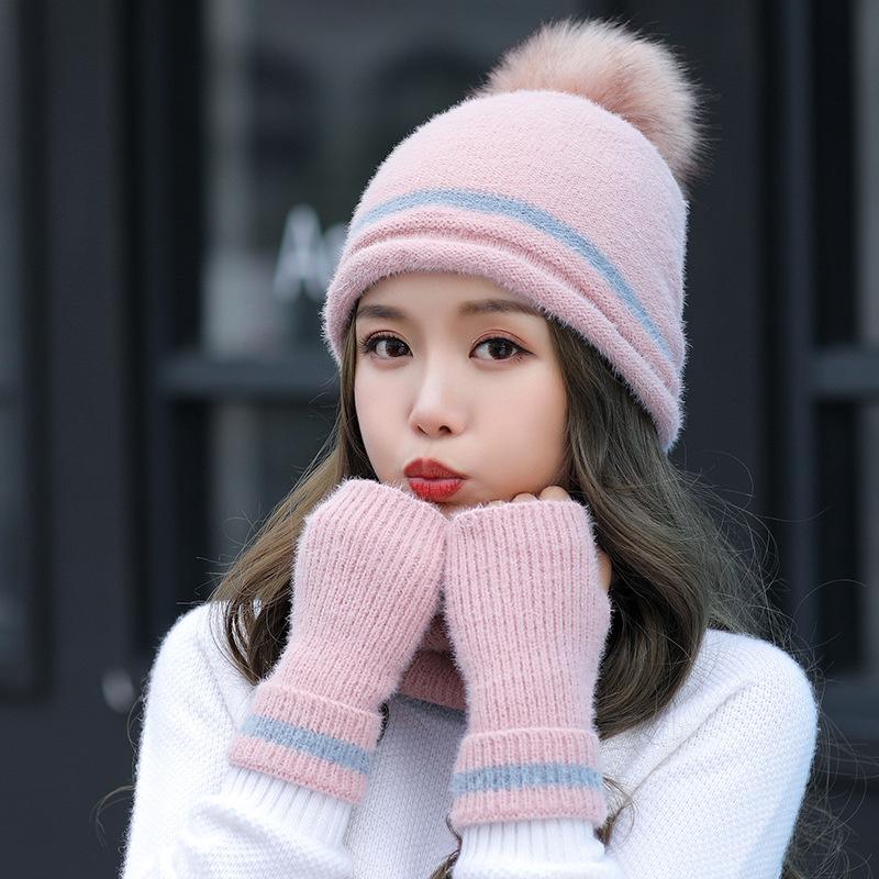 

Berets Winter Women Hat Scarf /Gloves Sets Female Three - Piece Knitted Caps Set For Woman Girl Warm Skullies Beanies, White