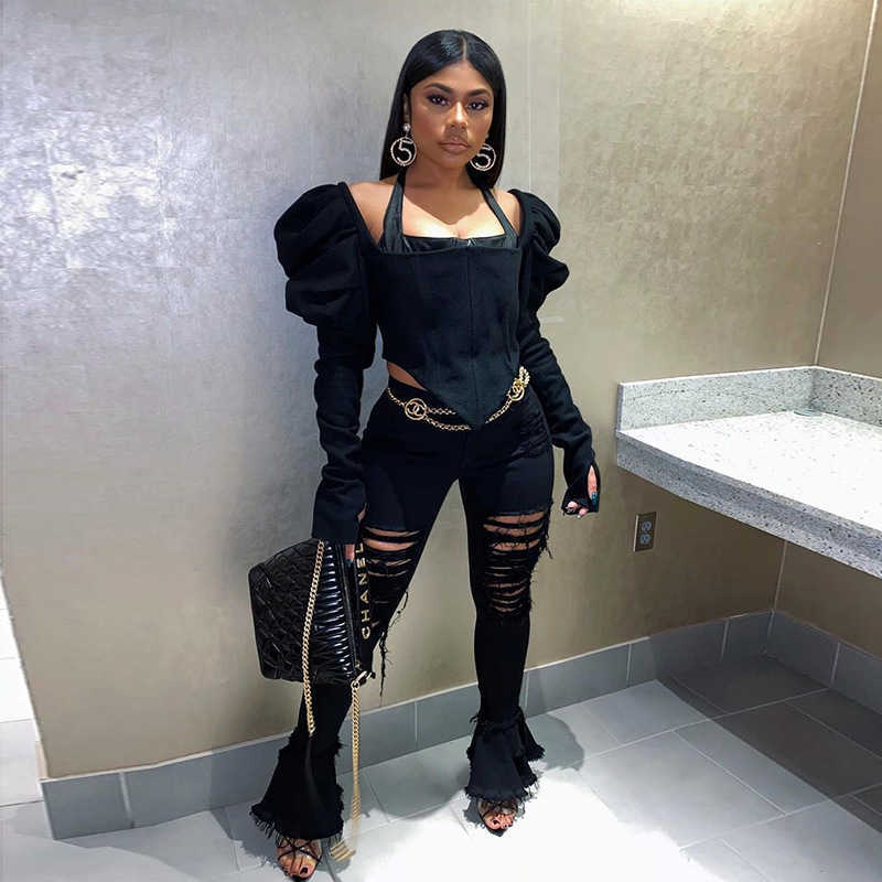 

QuanRun Women Clothing Square Neck Back Zipper Puffed Sleeves Black Crop Top Party Club Casual Streetwear Spring Summer 210604