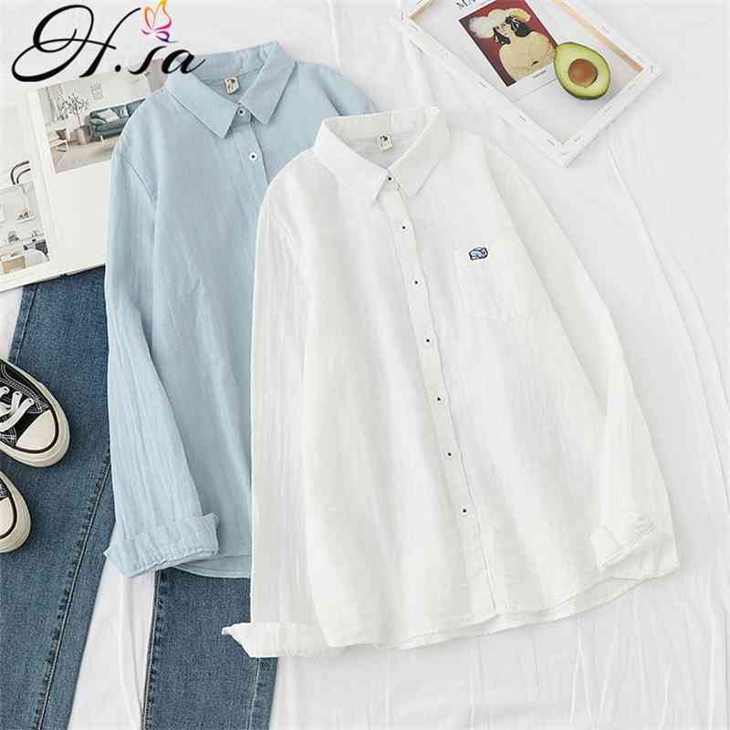 

H.SA Women Blouse and Shirts Pure Cotton White whale Embroidery Long Sleeve Spring Shirt Casual Tops 210417, Myl-jingyu blue