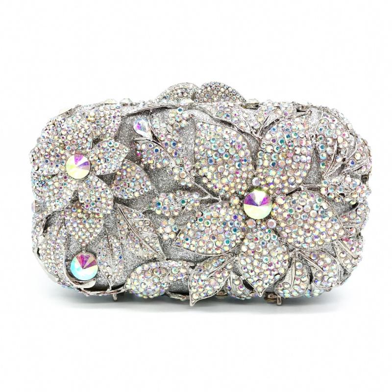 

Evening Bags XIYUAN Elegant Women AB Silver Crystal Clutch Bag Rhinestone Handbags Flower Purse Bridal Wedding Handbag, Show as picture