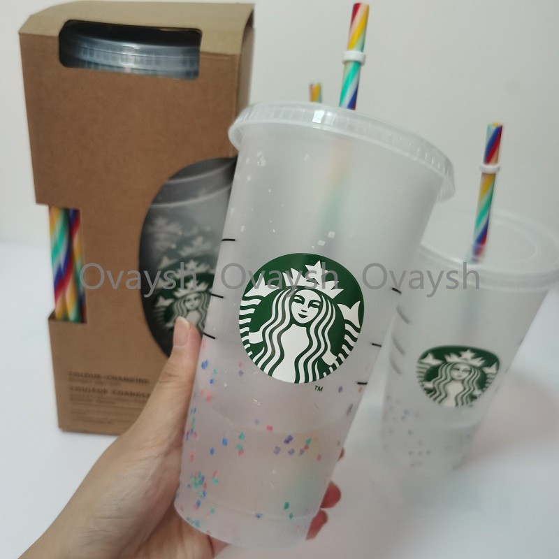 

24OZ/710ml Starbucks Mugs Rainbow Cups Plastic Tumbler Reusable Clear Drinking Flat Bottom Cup Pillar Shape Lid Straw Mug Bardian, Customize