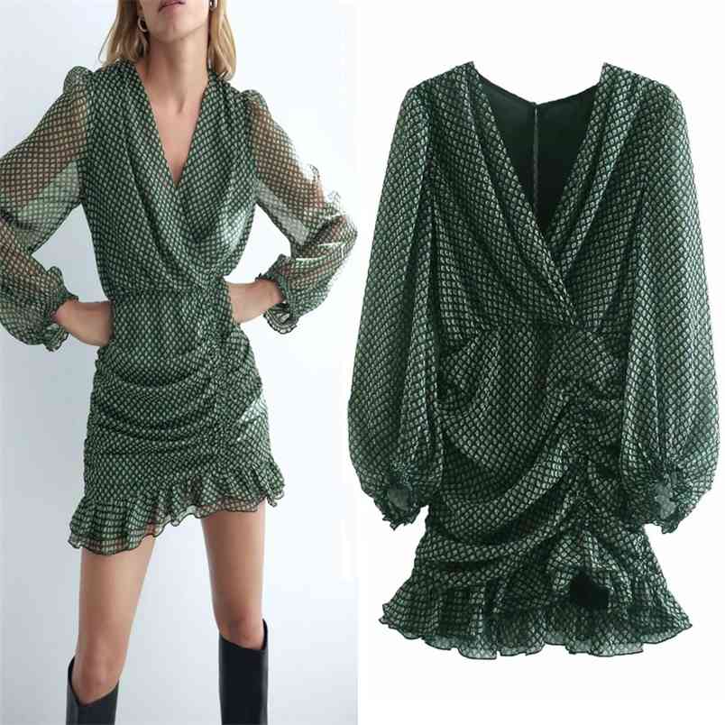 

Green Metallic Thread Draped Mini Dress Women V-neck Long Sleeve Ruched Ruffle es Back Buttoned Opening Retro 210519, Print