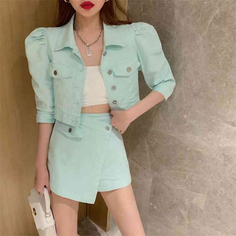 

Korean Summer Two Piece Set Elegant Ladies Lapel Puff Sleeve Single-Breasted Jacket Top + High Waist Shorts Suit 210519, Photo color