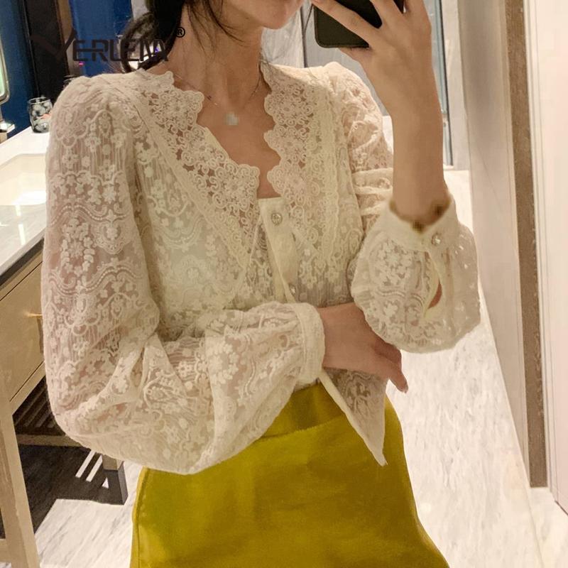 

Women' Blouses & Shirts Verlena V-Neck Luxury All-Over Embroidered Lace Pattern Women Long Puff Sleeve Elegant Chic White Shirt Tops Summer, Beige