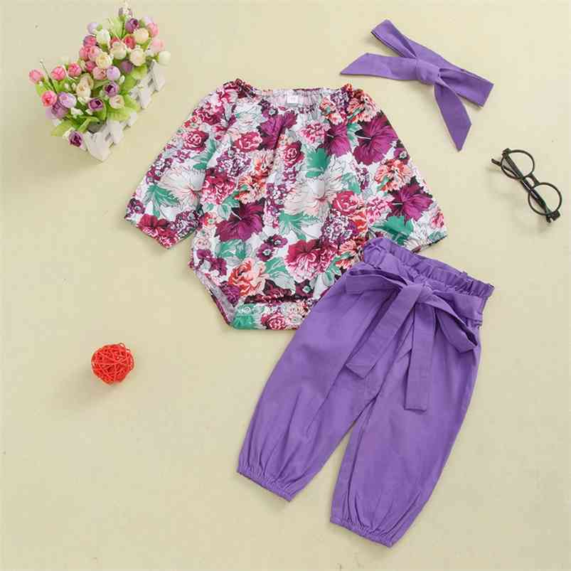 

Autumn Children Sets Casual Long Sleeve Print Floral Rompers Purple Solid Bow Trousers 2Pcs Girls Clothes 3M-3T 210629