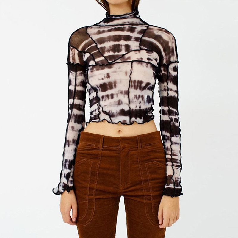 

spring summer black mesh patchwork crop tops women long sleeves sexy backless T-shirt fashion vintage stretch tees 210518, White