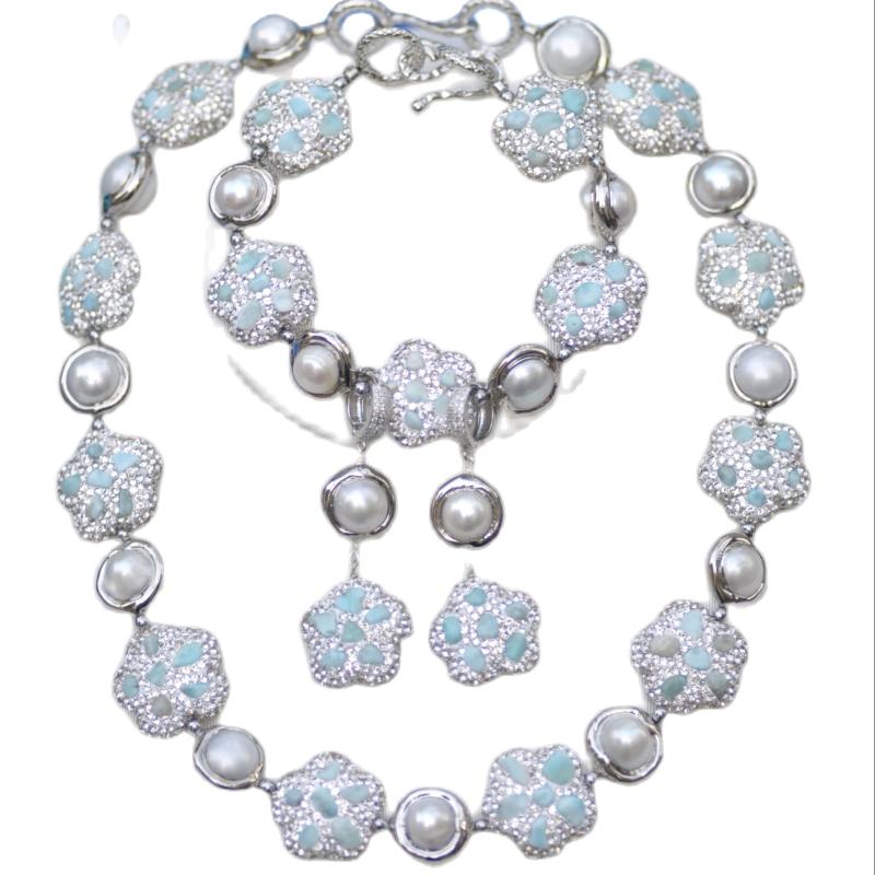 

Chokers Z11656 Set 20mm Aquamarine Flower CZ White Pearl Necklace Bracelet Earring