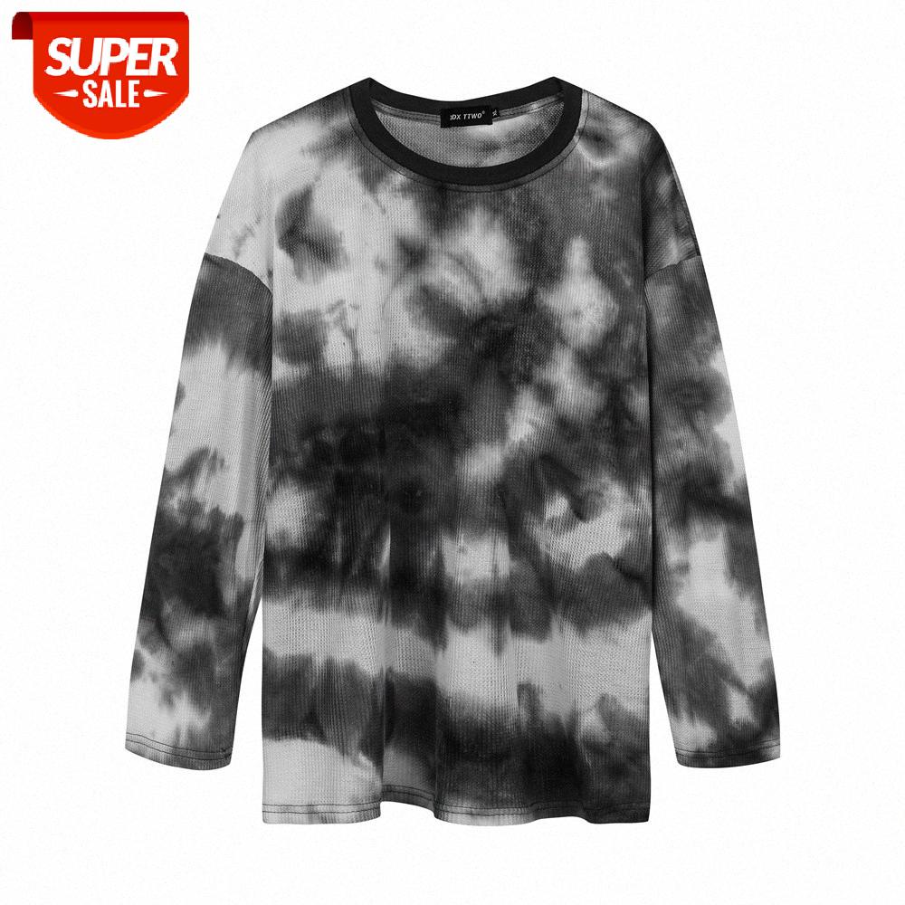 

American tie-dye long-sleeved T-shirt men's bf Harajuku style loose round neck top flow bottoming shirt compassionate #TG3M, White;black