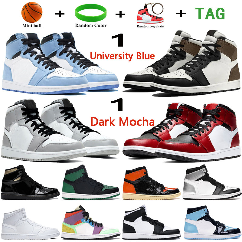 

University Blue 1 1s mens Basketball Shoes silver royal toe Dark mocha mid light smoke grey UNC Patent men women sneakers, 40-bubble wrap packaging