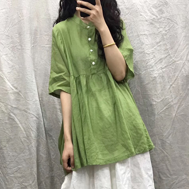 

Johnature Women Ramie Shirts Solid Color Stand Half Sleeve Summer Button Vintage Female Vintage Blouses Loose Shirts 210521, Wine red