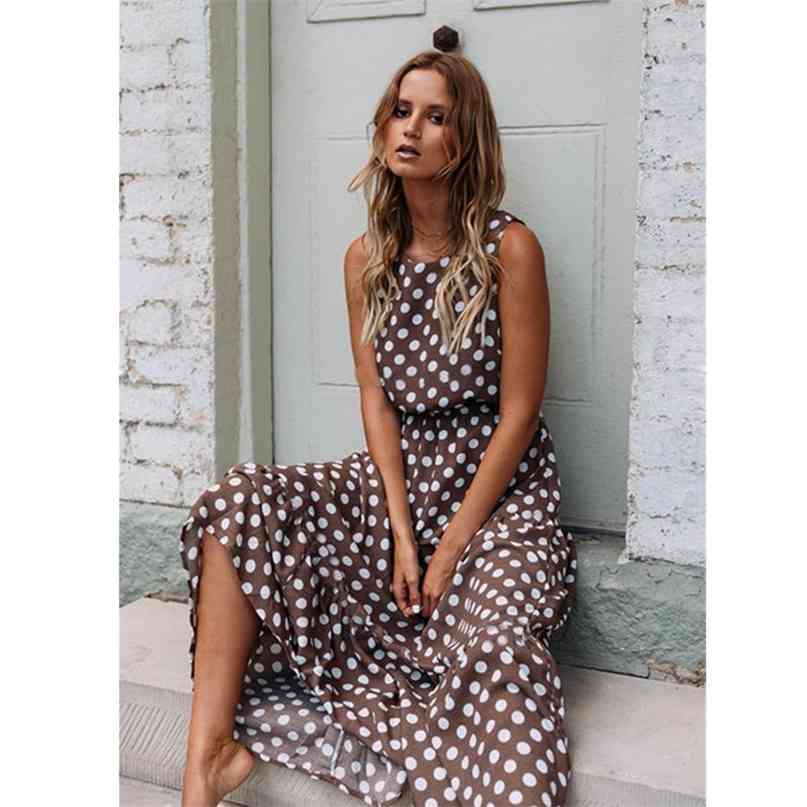

Summer Sleeveless Polka Dot Print Women Midi Dress Casual Fashion es A-Line Boho Elegant Beach Long Vestidos 210607, Yellow