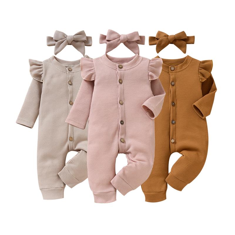 

Jumpsuits Infant Baby Girls Jumpsuit With Headband, Long Sleeve Button Closure Bowknot Hairband, Blue