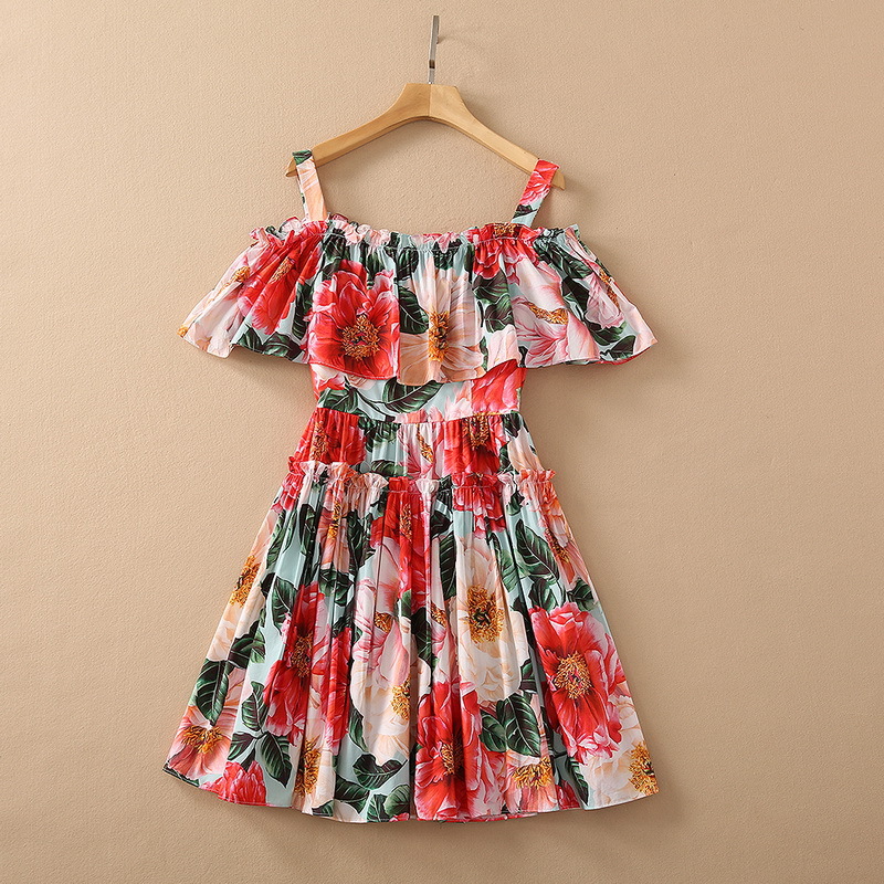 

European and American women's wear for spring 2021 Condole belt Flounce flower print Fashion pleated dress, Black;gray