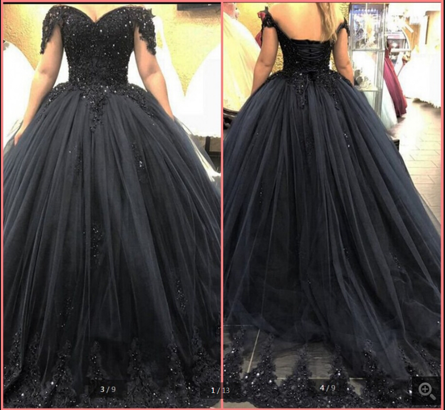 

Vestido De Festa black tulle ball gown prom dresses beaded lace appliques off the shoulder vintage party dress sweetheart neck princess puffy quinceanera gowns, White