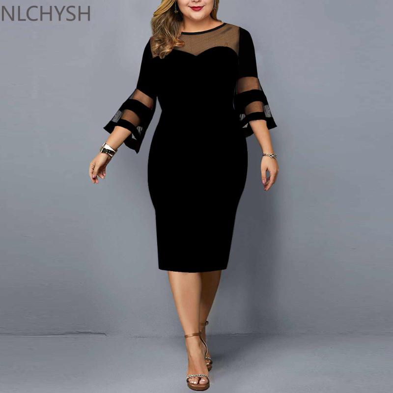 

Plus Size Dresses Dress Women Evening Party 2021 Elegant Mesh Sleeve Casual Black Clothing 3XL 4XL 5XL