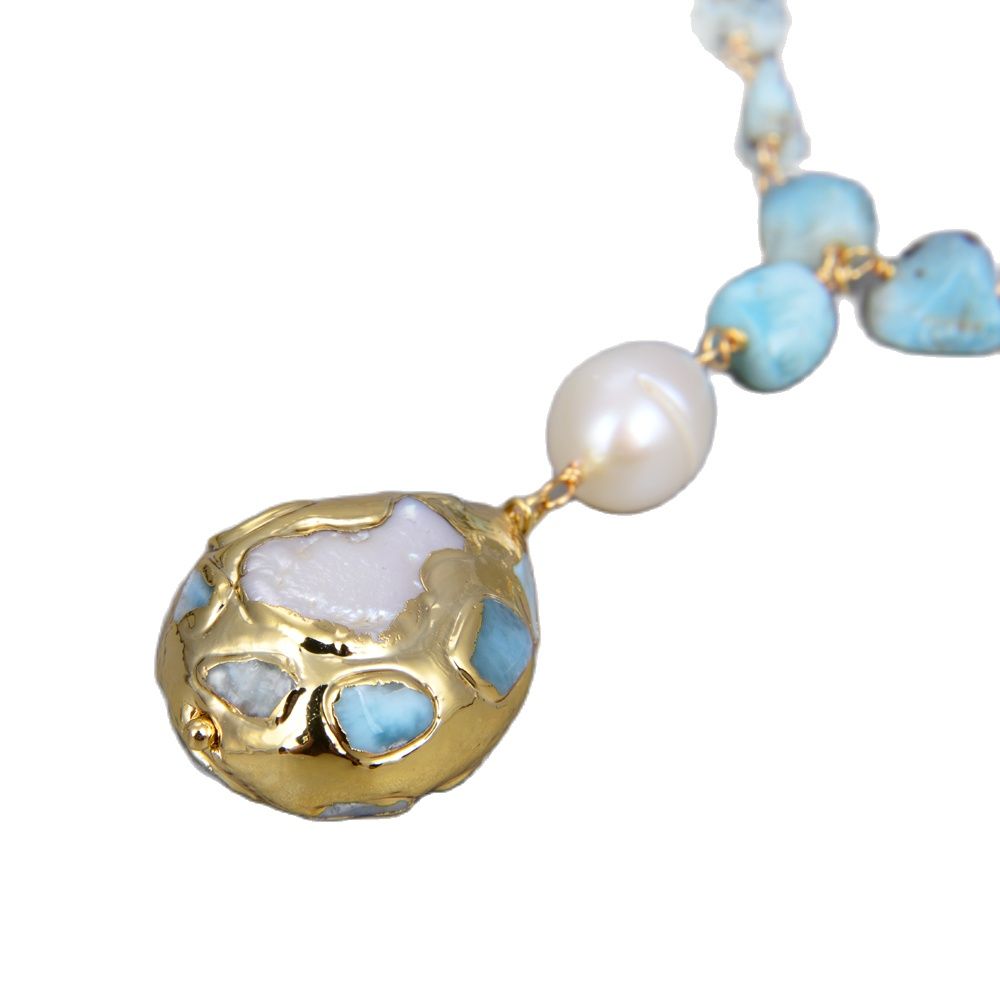 

GuaiGuai Jewelry Blue Larimar White Rice Pearl Statement Necklace Gold Plated Larimar Pendant Necklace Handmade For Women Real Gems Stone Lady Fashion Jewellery
