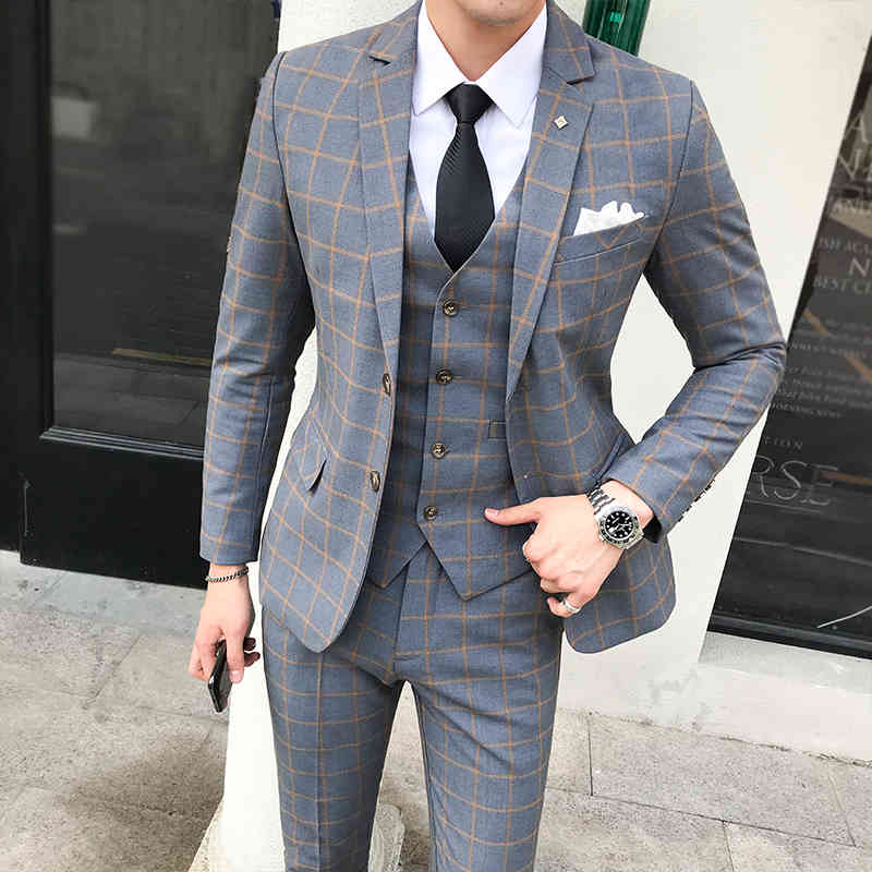 

Suit Men Autumn And Winter New British Style Large Size Plaid Suits Formal Wear Gift Single-breasted Mens Wedding Suit, Wine red