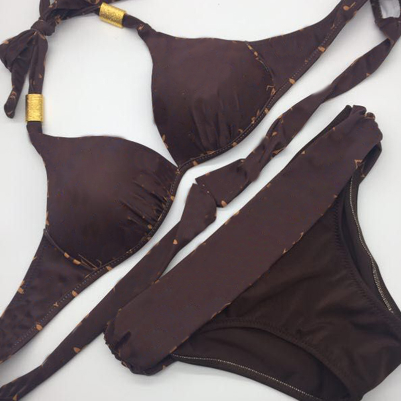 

Summer Fashion Woman Two Pieces Swimwear Individual Metal Strap Bandage Bathing Suit Low Waist Letter Printed Swimsuit, Brown