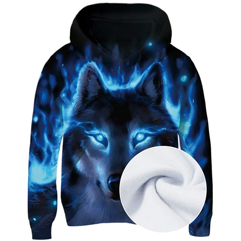 

Lone wolf pattern comfortable novelty hoodie boys and girls 3D printing pullover hooded sweater with pocket 100-160, Black