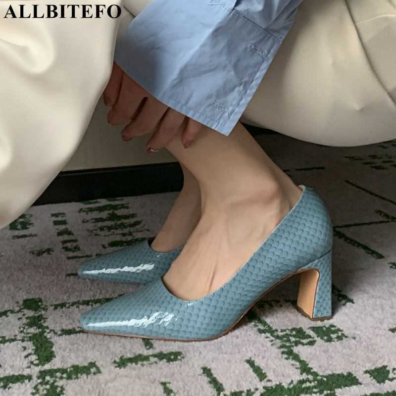 

ALLBITEFO natural genuine leather high heels square toe fashion leisure street high heel shoes women pumps simple basic shoes 210611, As picture