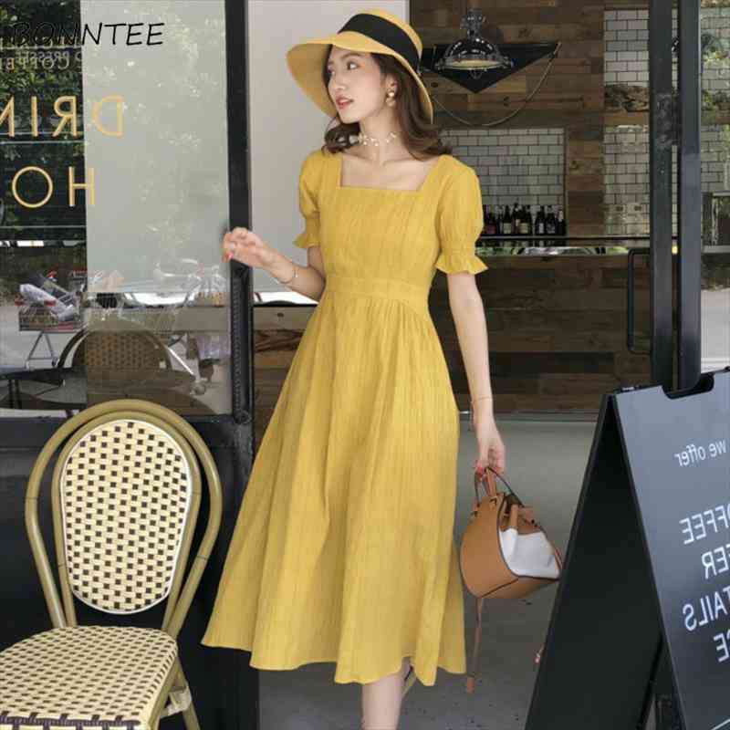 

simple slim solid square collar womens dresses summer a-line fashion temperament casual vintage french trend maxi streetwear, Black;gray