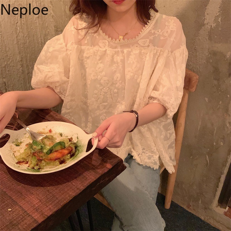 Neploe Womens Tops Lace Shirts O-neck Puff Sleeve Fashion Blouses Loose Blouse Blusas Mujer De Moda Verano Elegantes 94947 210422