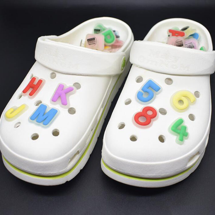 

Glow in the dark letter shoe charms pvc numbers luminous wristband shoecharms buckle hole garden shoes decoration gift, White;pink