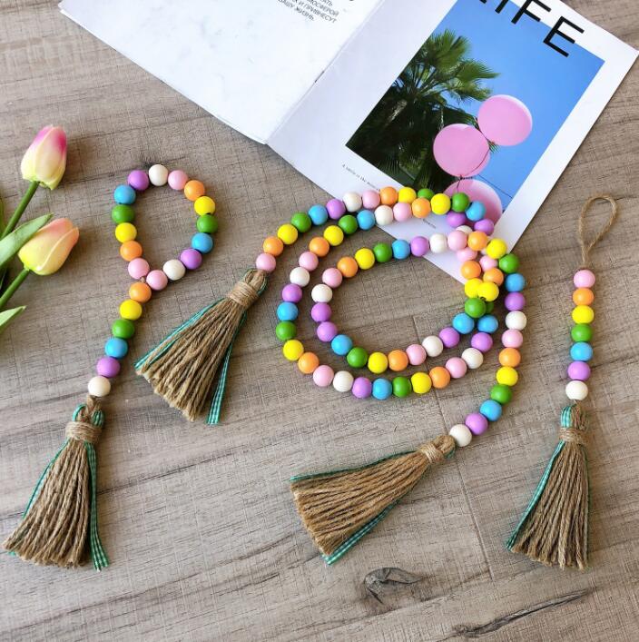

Pastoral beaded tassel string colourful wood bead pendant Home decor Hemp rope tassels wooden beads pendants Farmhouse Handmade Nordic style 3pcs wmq1052