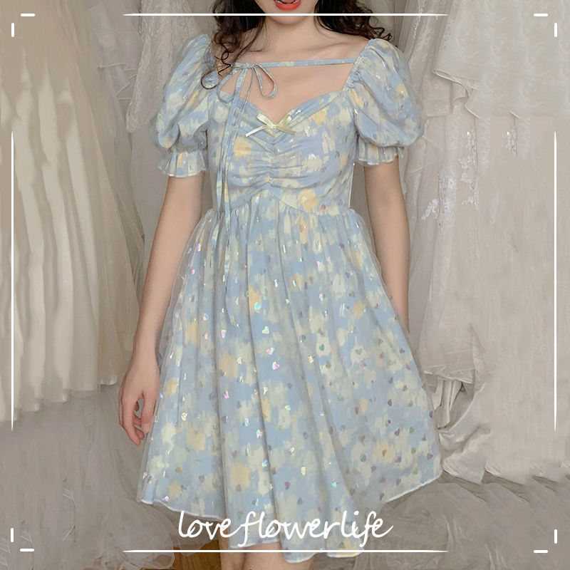 

French Kawaii Sweet Dress Women Short Sleeve Lace-up Elegant Dress Floral Design Party Fairy Dress for Females Summer Sexy 210521, As picture