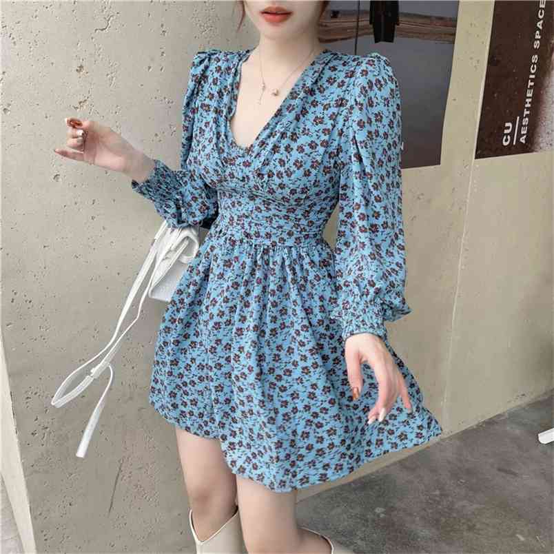 

Fashion Print Elegant Puff Sleeve Mini Dresses For Women Spring Casual Streetwear High Waist Party Pleated Dress Female 210519, Picture color