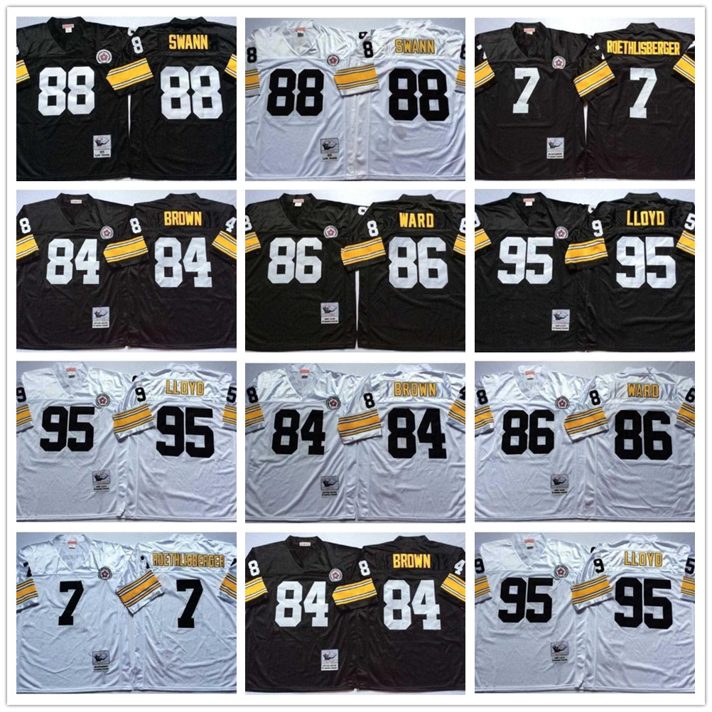 

NCAA Football 83 Heath Miller Jersey 84 Antonio Brown 7 Ben Roethlisberger 43 Troy Polamalu 86 Hines Ward Franco Harris Black White, As shown in illustration