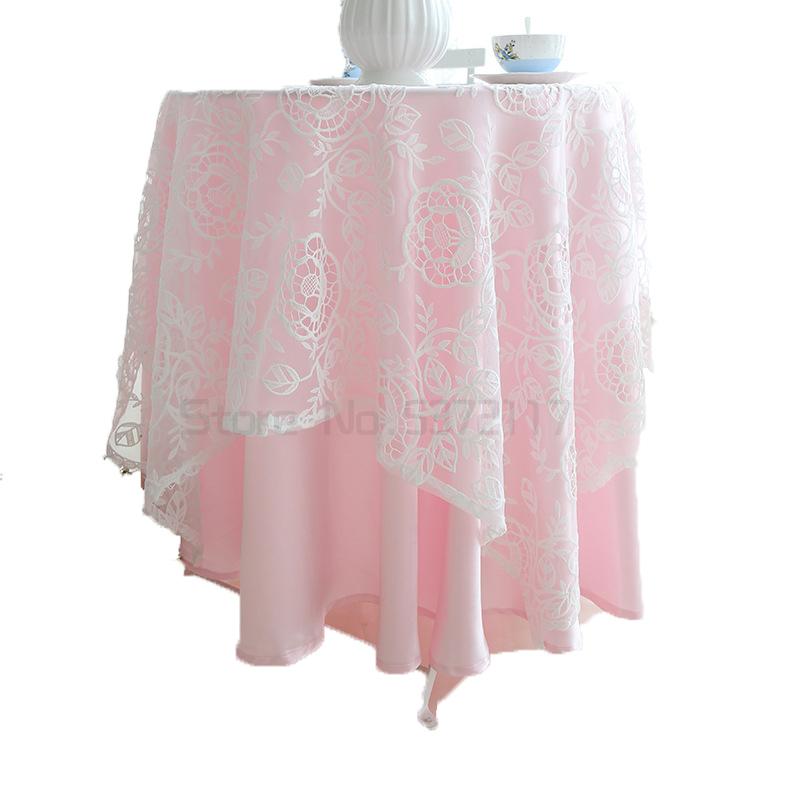 

Table Cloth Romantic Tablecloth White Lace Pink Bottom Lining For Wedding Birthday Party Round Cover Fashion Home Decor