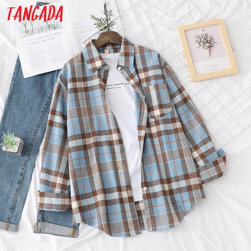 

Tangada Women Oversized Plaid Print Boyfriend Style Shirt Long Sleeve Chic Female Casual Loose Shirt BAO4, Orange