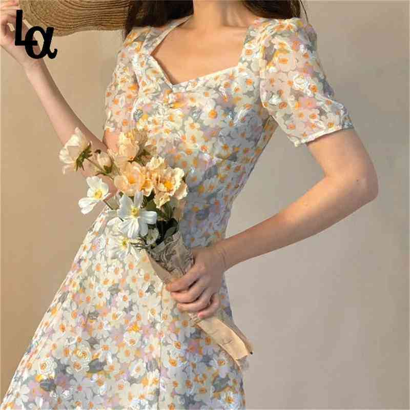 

Floral French Dress Elegant Women Summer V-Neck Short Sleeve Fairy Print Chic Retro Sweet 210519, Purple