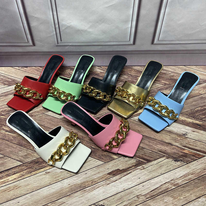 

Luxury Designer High Quality Heels Women Slippers Sandal Shoes Fashion Daikin Chain Genuine Leather Bottoms Spool Heeled Solid Womens Shoe, Red