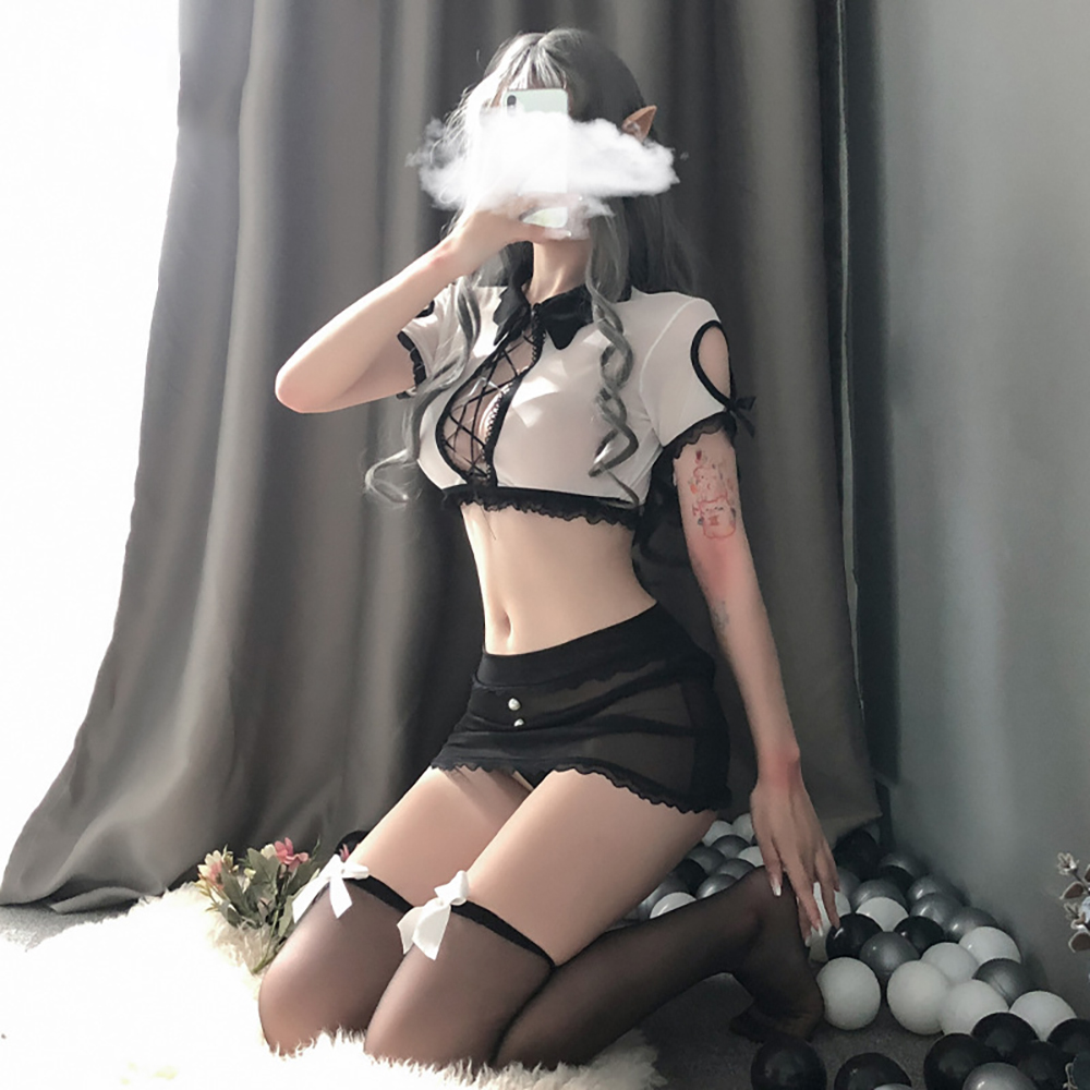 

Women's Sexy Lace Set Princess Cosplay Erotic Lingerie Hollow Out Perspective Maiden Mini Skirt Bow-Knot Stockings Suit, Black