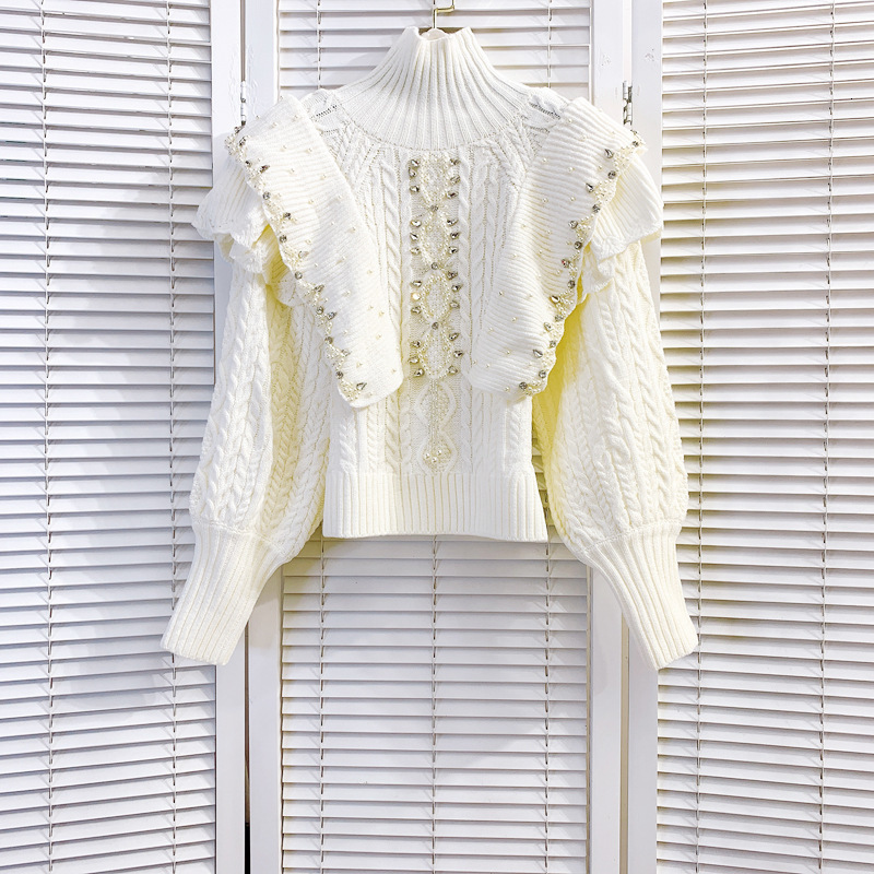 

Women's Sweaters High Quality Clothes 2021 Winter Year Neck White Pullover Beaded Ruffles Long-Sleeved Warm Knitted Sweater Top 9O04